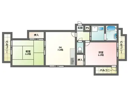 パールタウン鶴ヶ丘(2DK/2階)の間取り写真