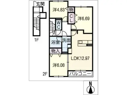 サニープレイス十一屋 C棟(3LDK/2階)の間取り写真