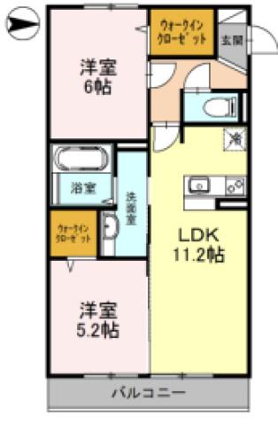 ラフィーネ大和八木 W棟(2LDK/2階)の間取り写真