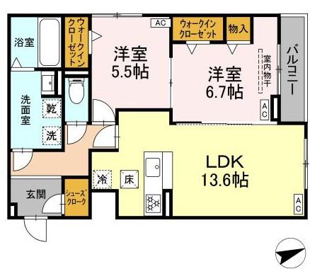ルヴィータ広瀬(2LDK/1階)の間取り写真