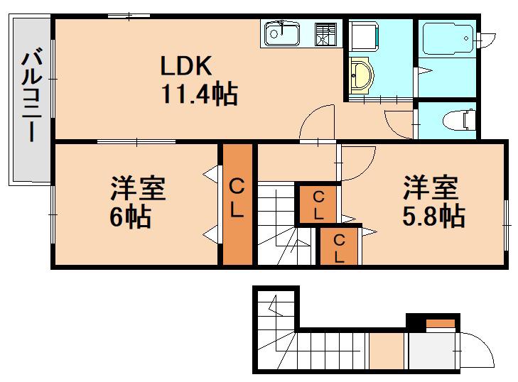 マーヴェラス空I(2LDK/2階)の間取り写真