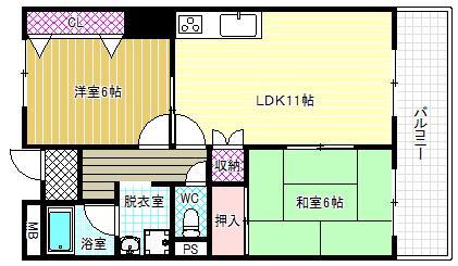 バンシャイン法善寺(2LDK/3階)の間取り写真