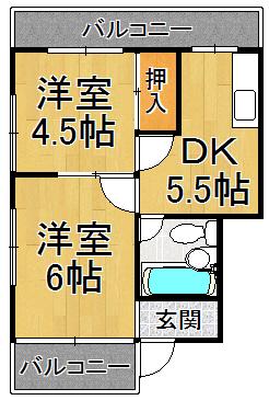 宝塚ハ-モニ-ハイツ(2DK/4階)の間取り写真