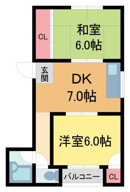 シャンクレール石橋(2DK/2階)の間取り写真