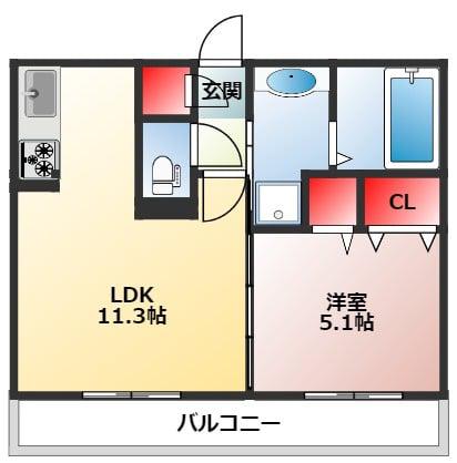 エウレカ国府(1LDK/1階)の間取り写真