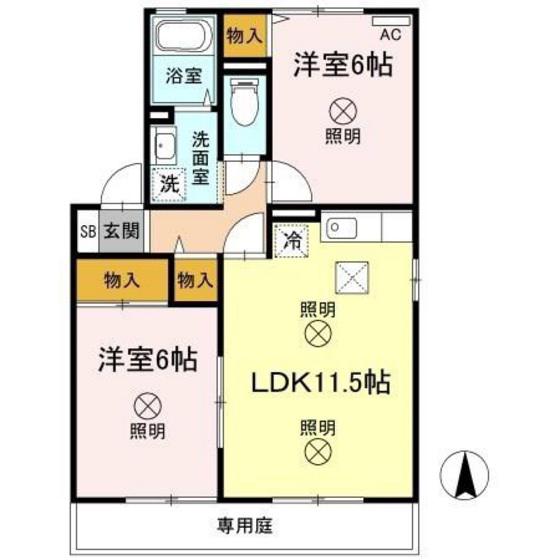 ヴィラアフェクションB棟(2LDK/1階)の間取り写真