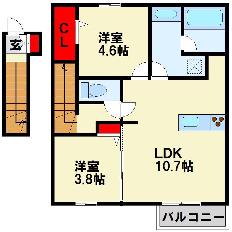 D-ROOM下城野(2LDK/2階)の間取り写真