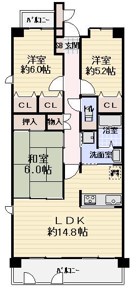 エカミーズJ.C(3LDK/4階)の間取り写真