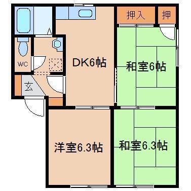 わかばビレッジ B(3DK/2階)の間取り写真
