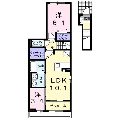 ビ・オーラ若草(1SLDK/2階)の間取り写真