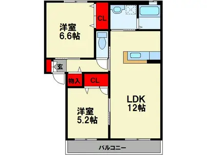 カーサアッコッリェンテ野見山(2LDK/2階)の間取り写真