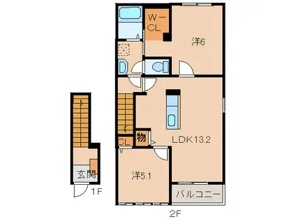 オリーブビレッジ上野山II(2LDK/2階)の間取り写真