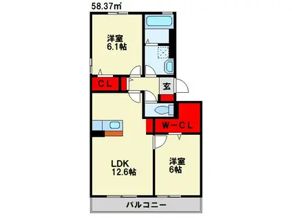 ラパン学研台A棟(2LDK/2階)の間取り写真
