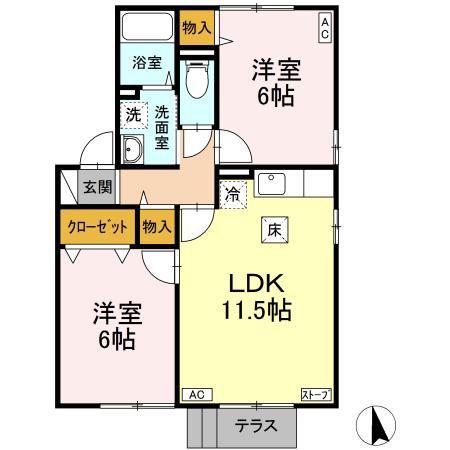 セジュールサザンウインドB(2LDK/1階)の間取り写真