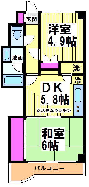 ベルエア調布(2DK/2階)の間取り写真