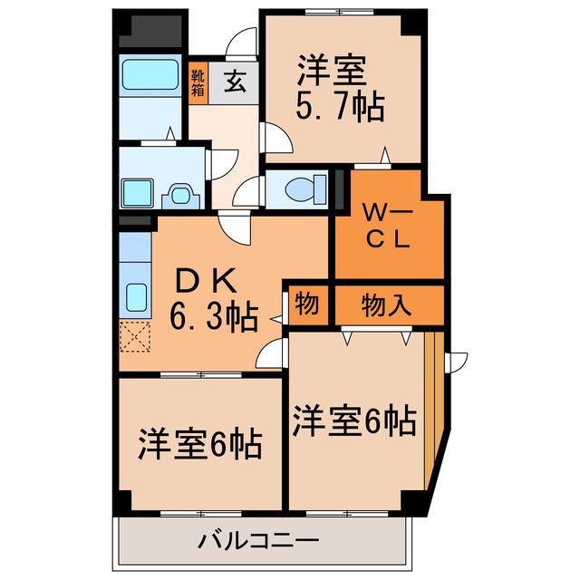 グランドゥールH(3DK/4階)の間取り写真