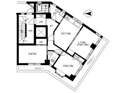 東京メトロ日比谷線 恵比寿駅 徒歩5分 3階建 築31年(2LDK/2階)の間取り写真