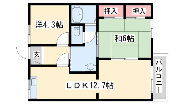 ガーデンハイツ緑ヶ丘D(2LDK/2階)の間取り写真