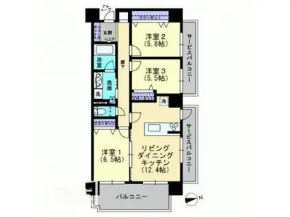 ガーデンテラス丸亀町参番街ウエストレジデンス(3LDK/6階)の間取り写真