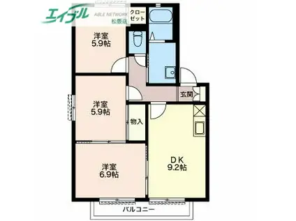 ボヌール泰山 B棟(3DK/2階)の間取り写真