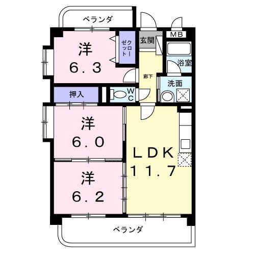 パラマウントビレッジ東岩田 A(3LDK/3階)の間取り写真
