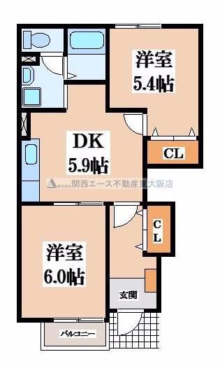 ヴィラカルフールII(2DK/1階)の間取り写真