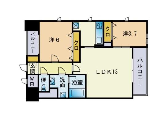 ブラン・スタイル博多(2LDK/12階)の間取り写真