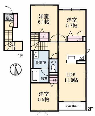 ポルトボヌール(3LDK/2階)の間取り写真