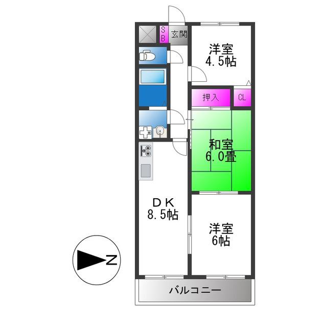 パストラル横小路(3DK/3階)の間取り写真