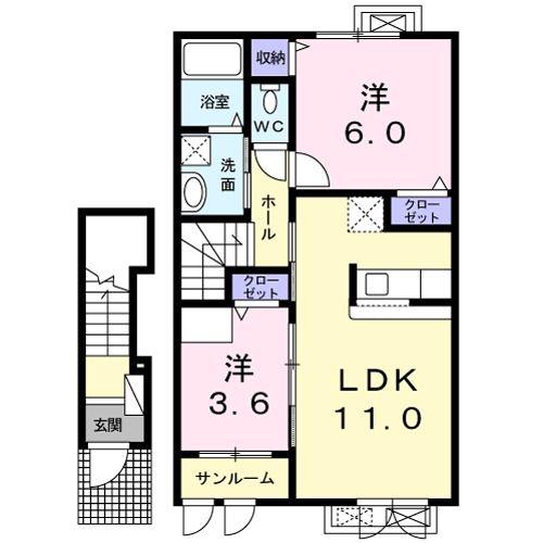 アジュール シュッサイI(2LDK/2階)の間取り写真