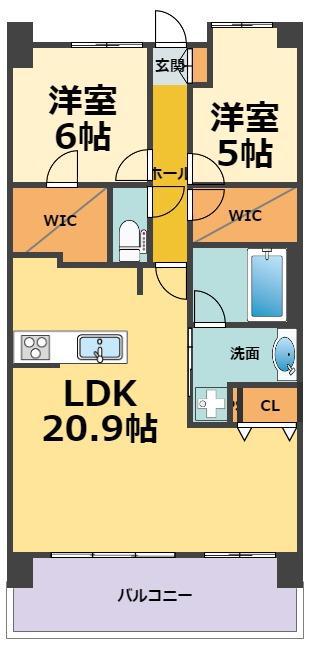 シエリア西宮武庫川(2LDK/6階)の間取り写真