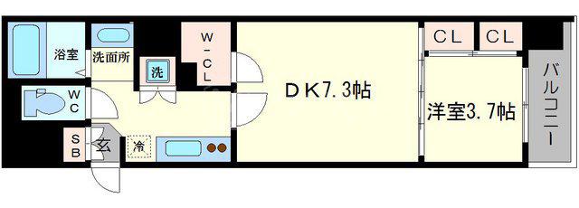 アフルエンス難波(1DK/3階)の間取り写真