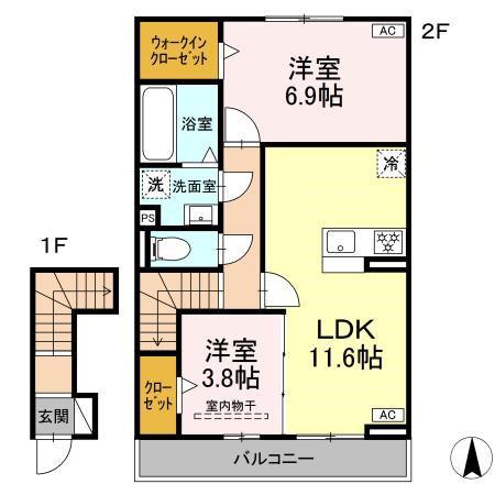 カトリーヌ ヒルズ(2LDK/2階)の間取り写真