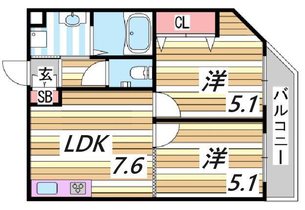 ロイヤルヒル神戸三ノ宮II(2LDK/9階)の間取り写真