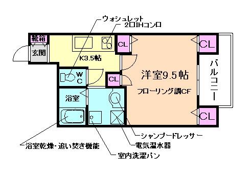 マテリアル瀬川(1K/3階)の間取り写真