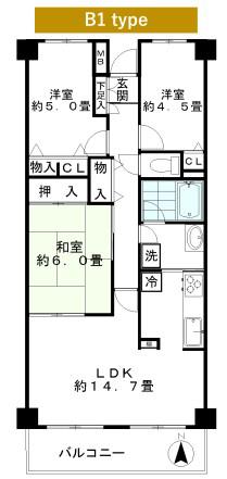 ジュネス(3LDK/4階)の間取り写真