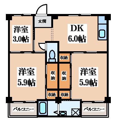 ビレッジハウス倉治(3DK/1階)の間取り写真