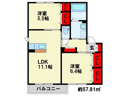 コンフォルト・MA棟(2LDK/1階)の間取り写真