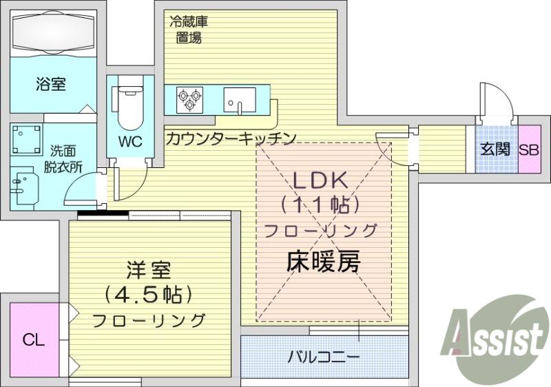 パセオプラシード泉中央(1LDK/2階)の間取り写真