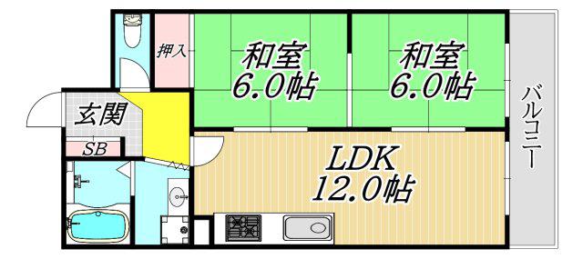 サンライズ南武庫之荘(2LDK/3階)の間取り写真