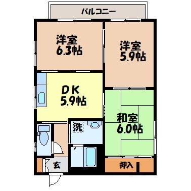 リバティヒルズD(3K/2階)の間取り写真