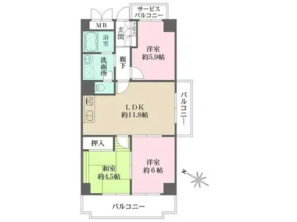 ベルダ鈴蘭台(3LDK/2階)の間取り写真