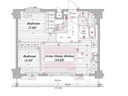 グランドガーラ白金高輪(2LDK/12階)の間取り写真