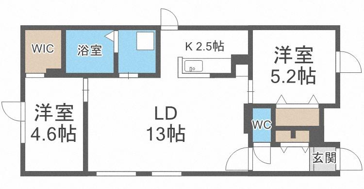 JR函館本線 野幌駅 徒歩6分 4階建 築4年(2LDK/2階)の間取り写真