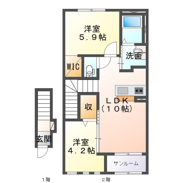 ル ボヌールII(2LDK/2階)の間取り写真