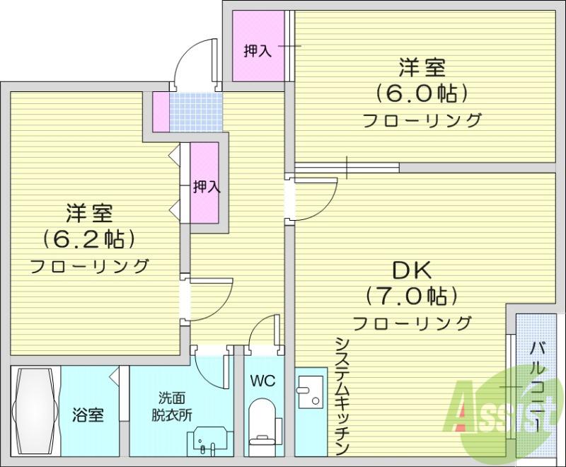 ウインディア荒巻(2DK/1階)の間取り写真