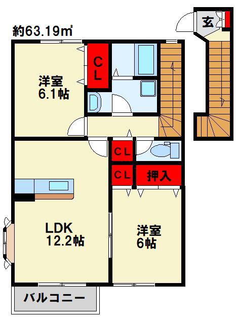 エスポワールハイムD(2LDK/2階)の間取り写真