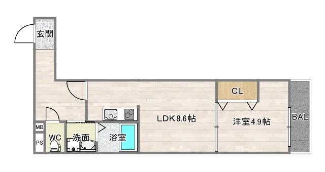 フジパレス遠里小野VI番館(1LDK/2階)の間取り写真