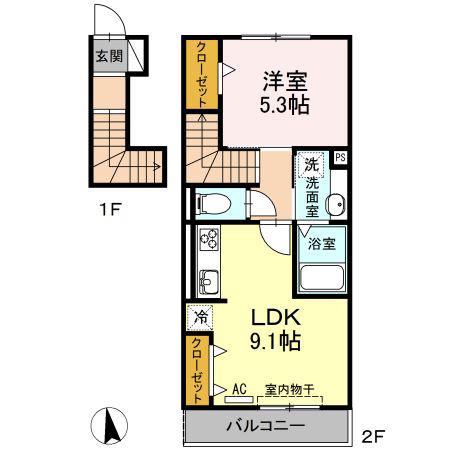 名鉄小牧線 間内駅 徒歩12分 2階建 築9年(1LDK/2階)の間取り写真