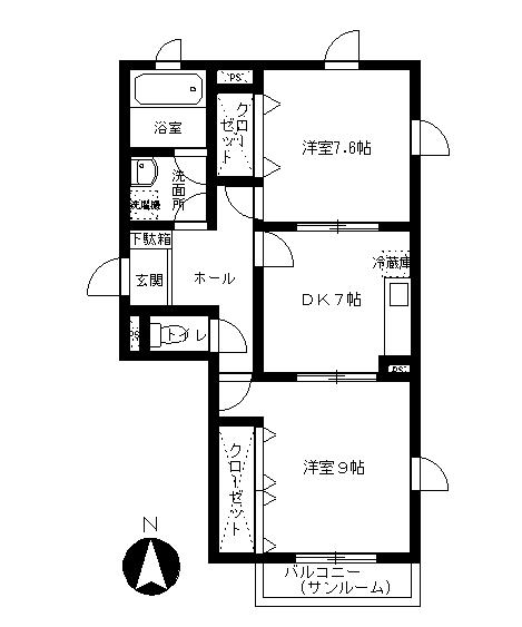 ヴァンベール(2DK/1階)の間取り写真